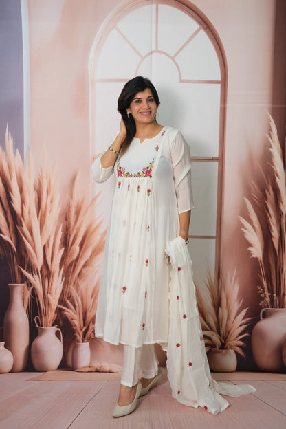 White Mul Chanderi A-Line Kurta Dupatta Set with Pearl Work & Embroidery