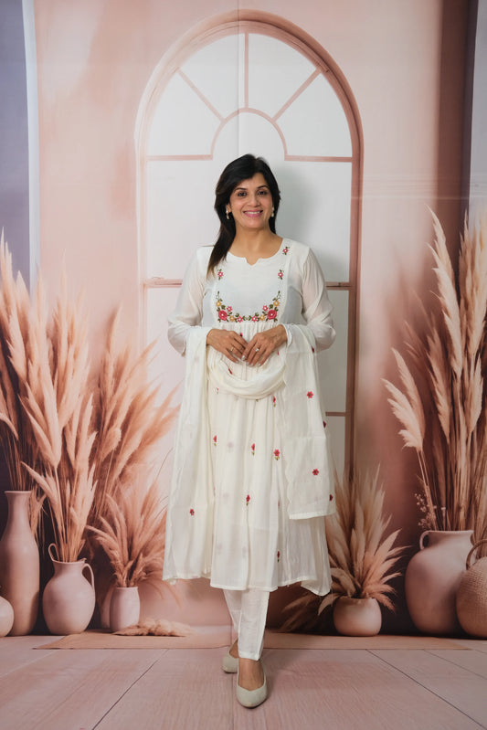 White Mul Chanderi A-Line Kurta Dupatta Set with Pearl Work & Embroidery