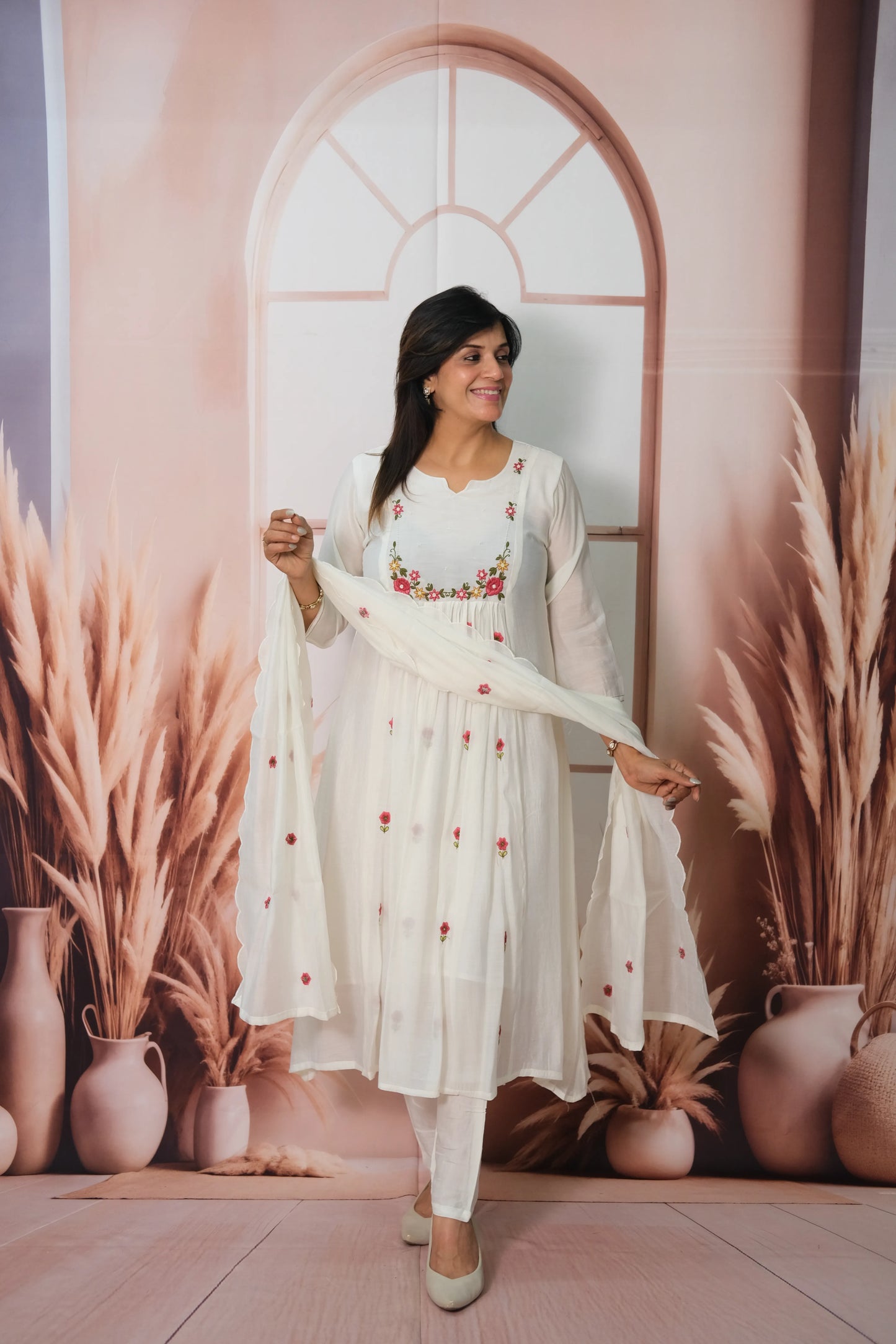 White Mul Chanderi A-Line Kurta Dupatta Set with Pearl Work & Embroidery