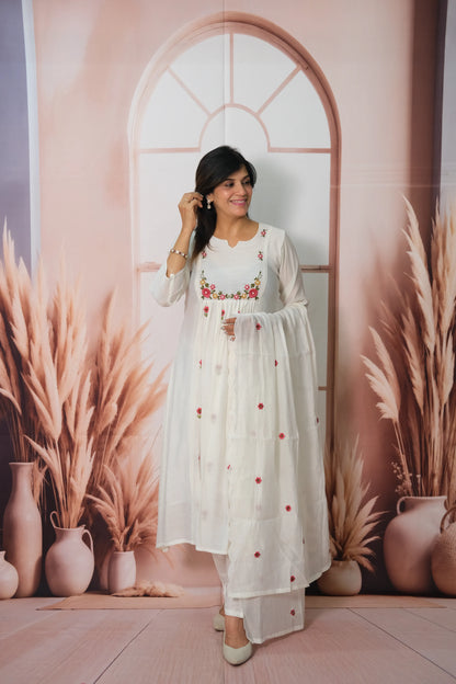 White Mul Chanderi A-Line Kurta Dupatta Set with Pearl Work & Embroidery