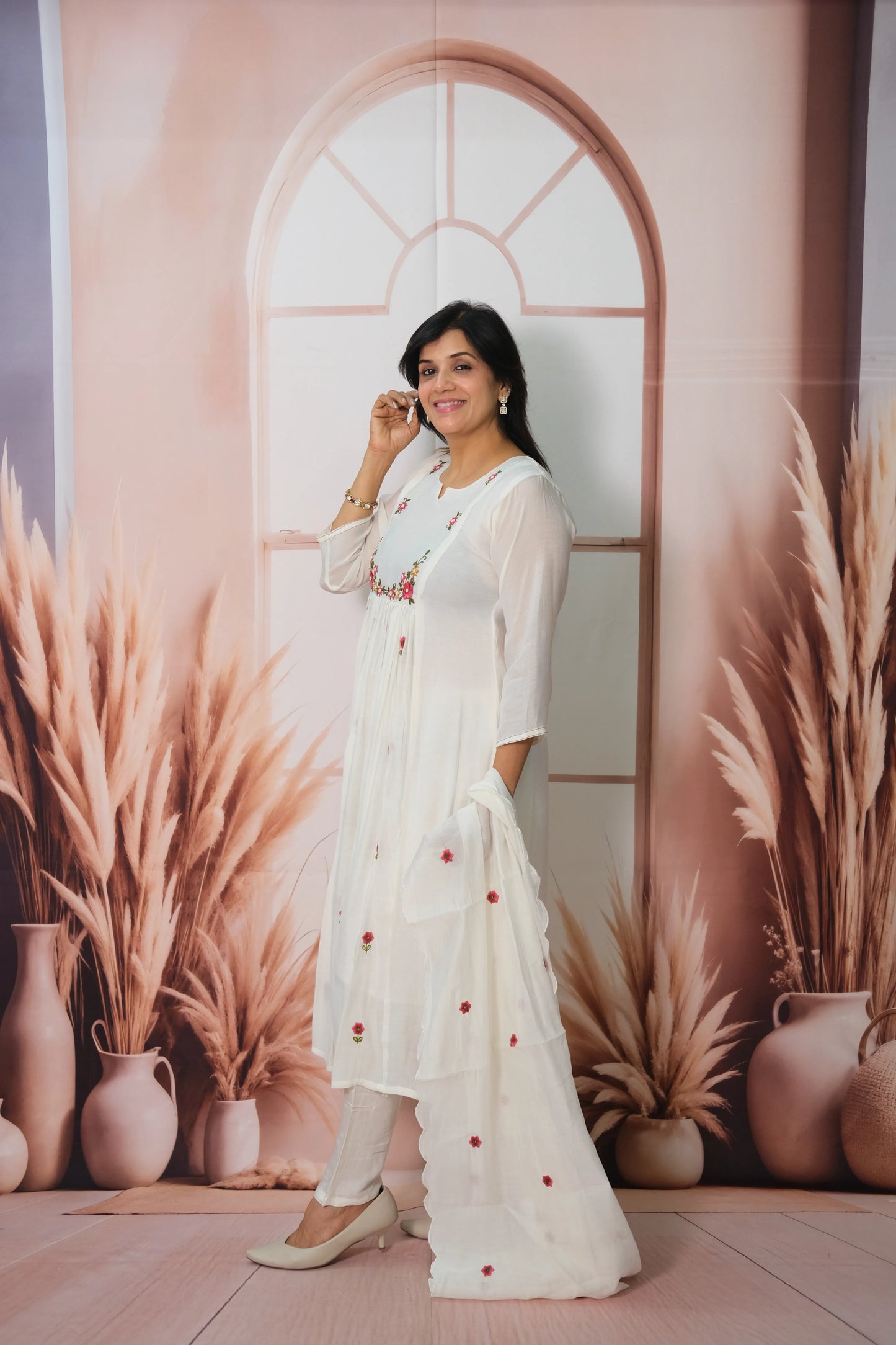 White Mul Chanderi A-Line Kurta Dupatta Set with Pearl Work & Embroidery