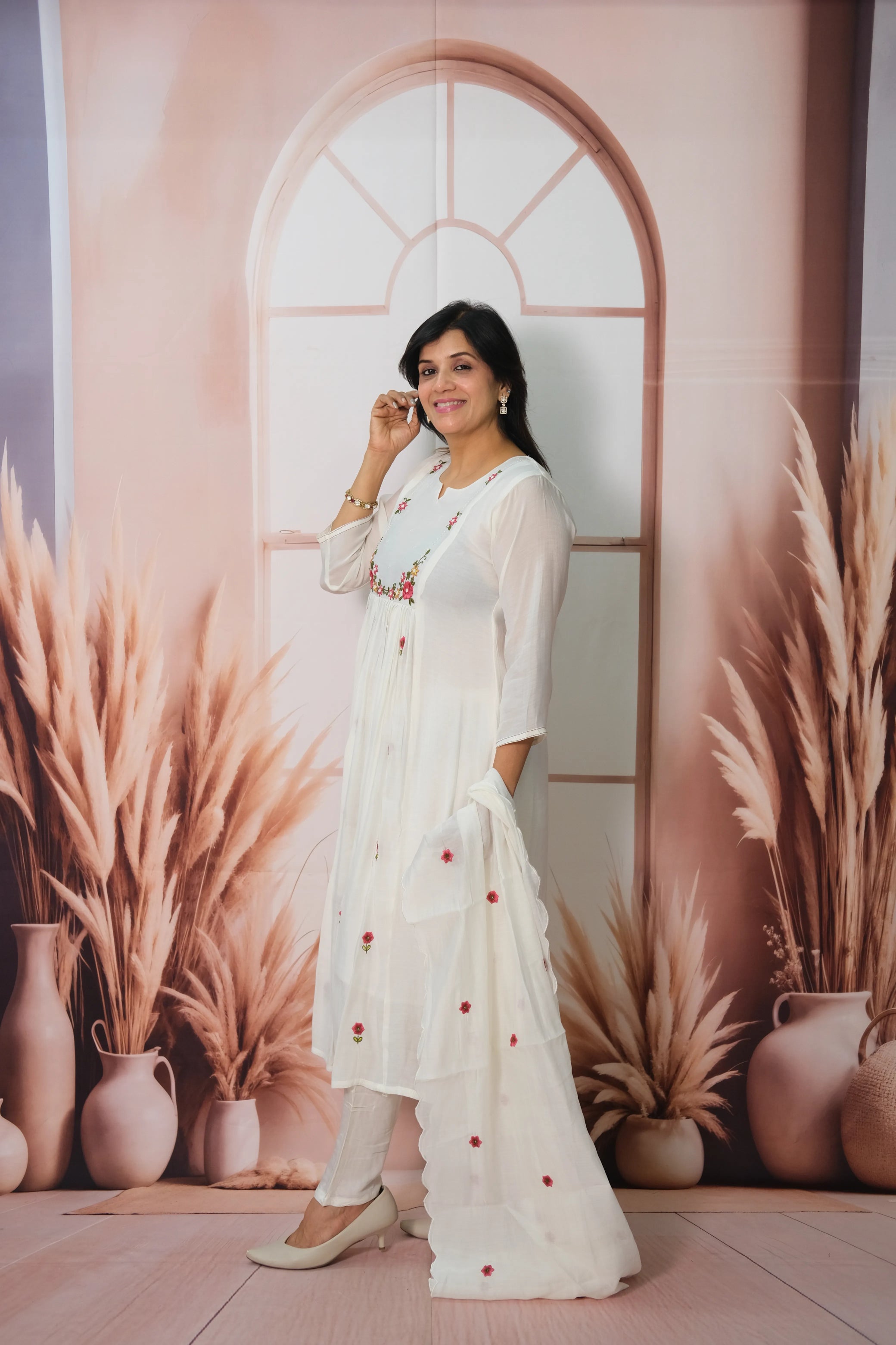 White Mul Chanderi A-Line Kurta Dupatta Set with Pearl Work & Embroidery