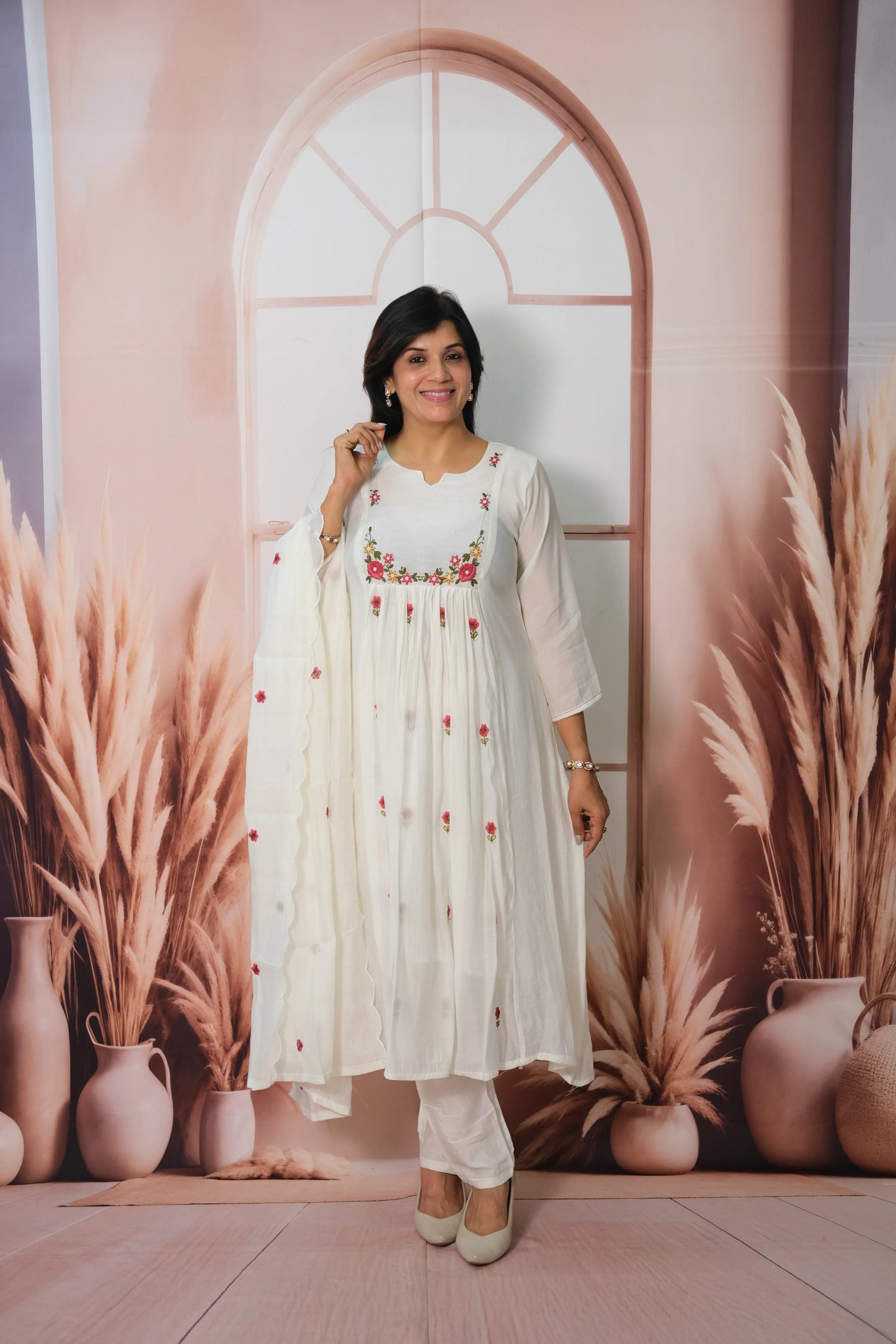 White Mul Chanderi A-Line Kurta Dupatta Set with Pearl Work & Embroidery