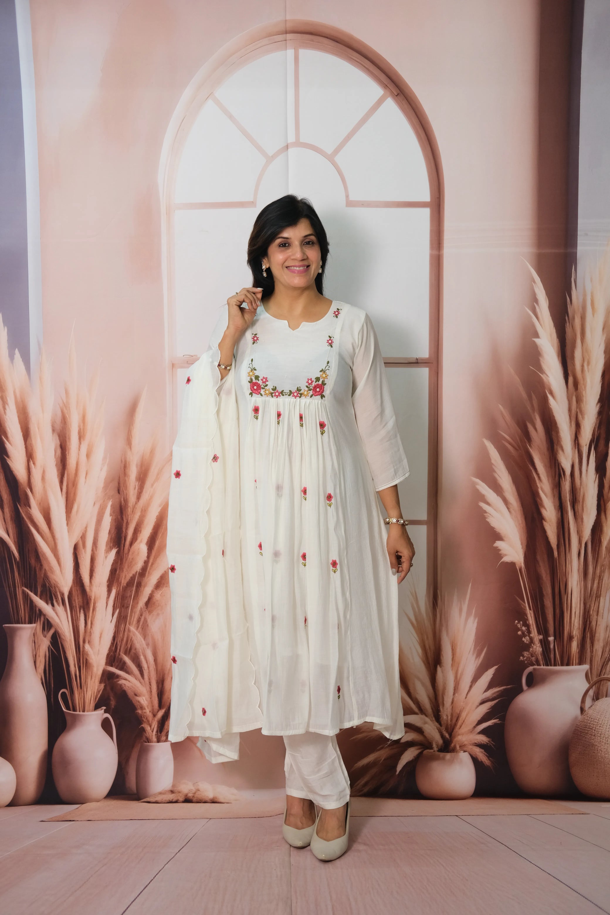 White Mul Chanderi A-Line Kurta Dupatta Set with Pearl Work & Embroidery