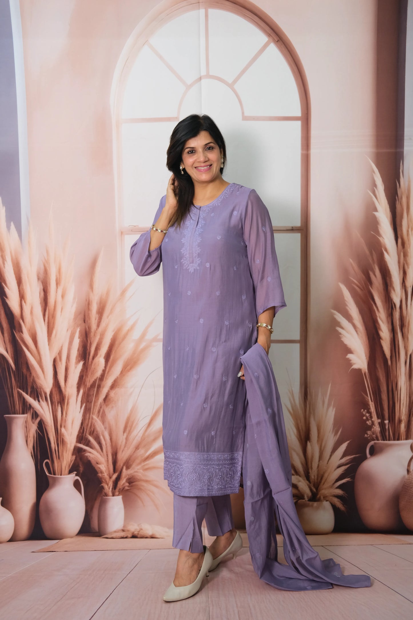 Purple Amethyst Mul Chanderi Kurta Dupatta Set with Thread Embroidery