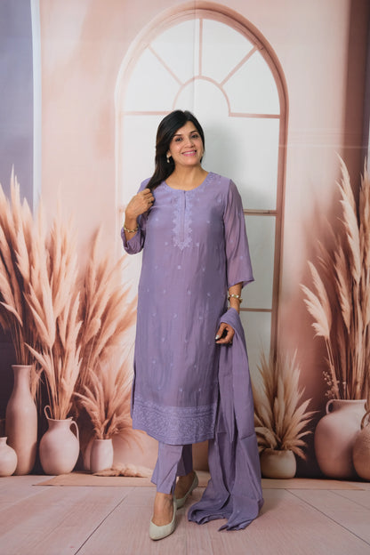 Purple Amethyst Mul Chanderi Kurta Dupatta Set with Thread Embroidery