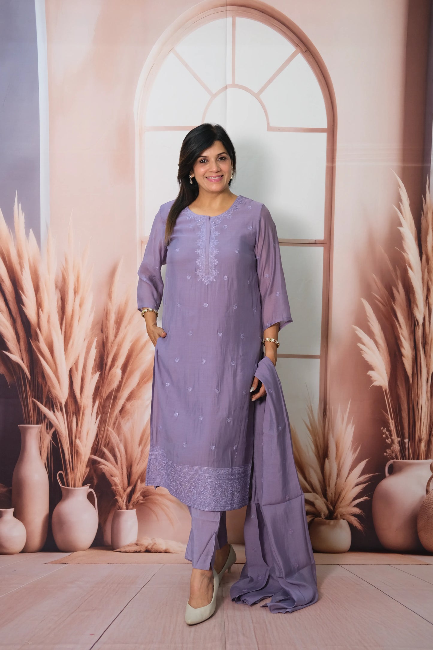 Purple Amethyst Mul Chanderi Kurta Dupatta Set with Thread Embroidery