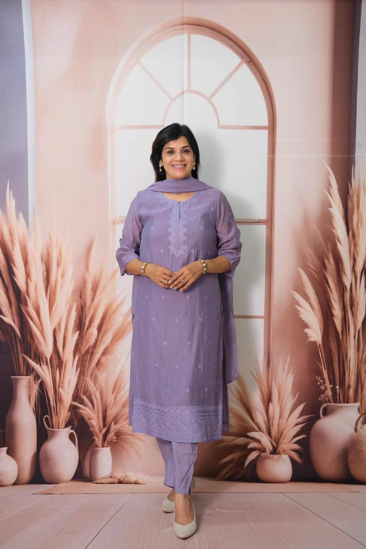 Purple Amethyst Mul Chanderi Kurta Dupatta Set with Thread Embroidery