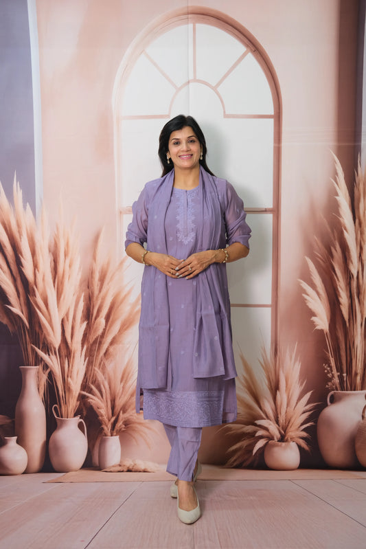 Purple Amethyst Mul Chanderi Kurta Dupatta Set with Thread Embroidery