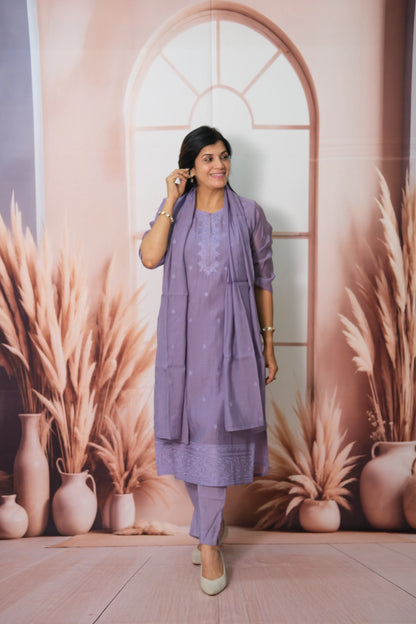 Purple Amethyst Mul Chanderi Kurta Dupatta Set with Thread Embroidery