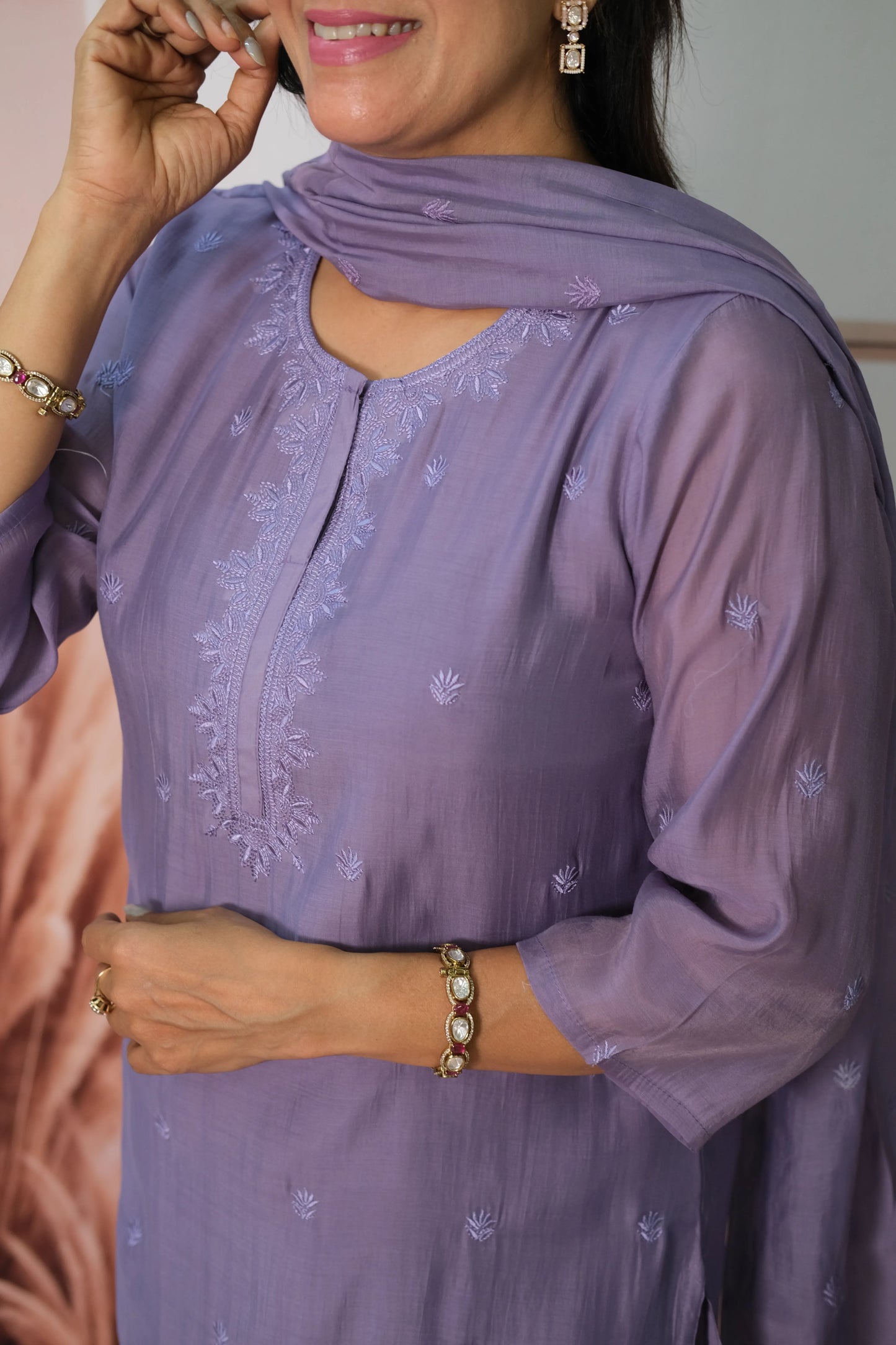 Purple Amethyst Mul Chanderi Kurta Dupatta Set with Thread Embroidery