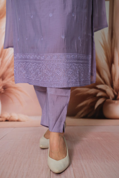 Purple Amethyst Mul Chanderi Kurta Dupatta Set with Thread Embroidery