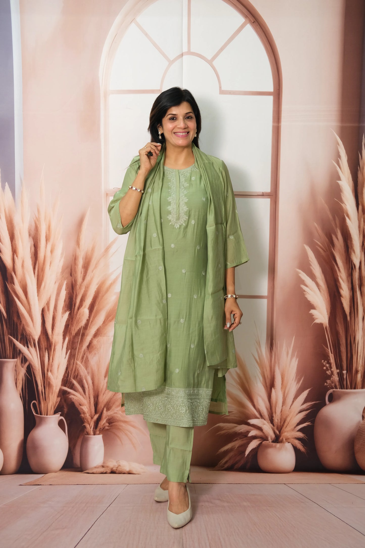 Pastel Green Mul Chanderi Kurta Dupatta Set with Thread Embroidery