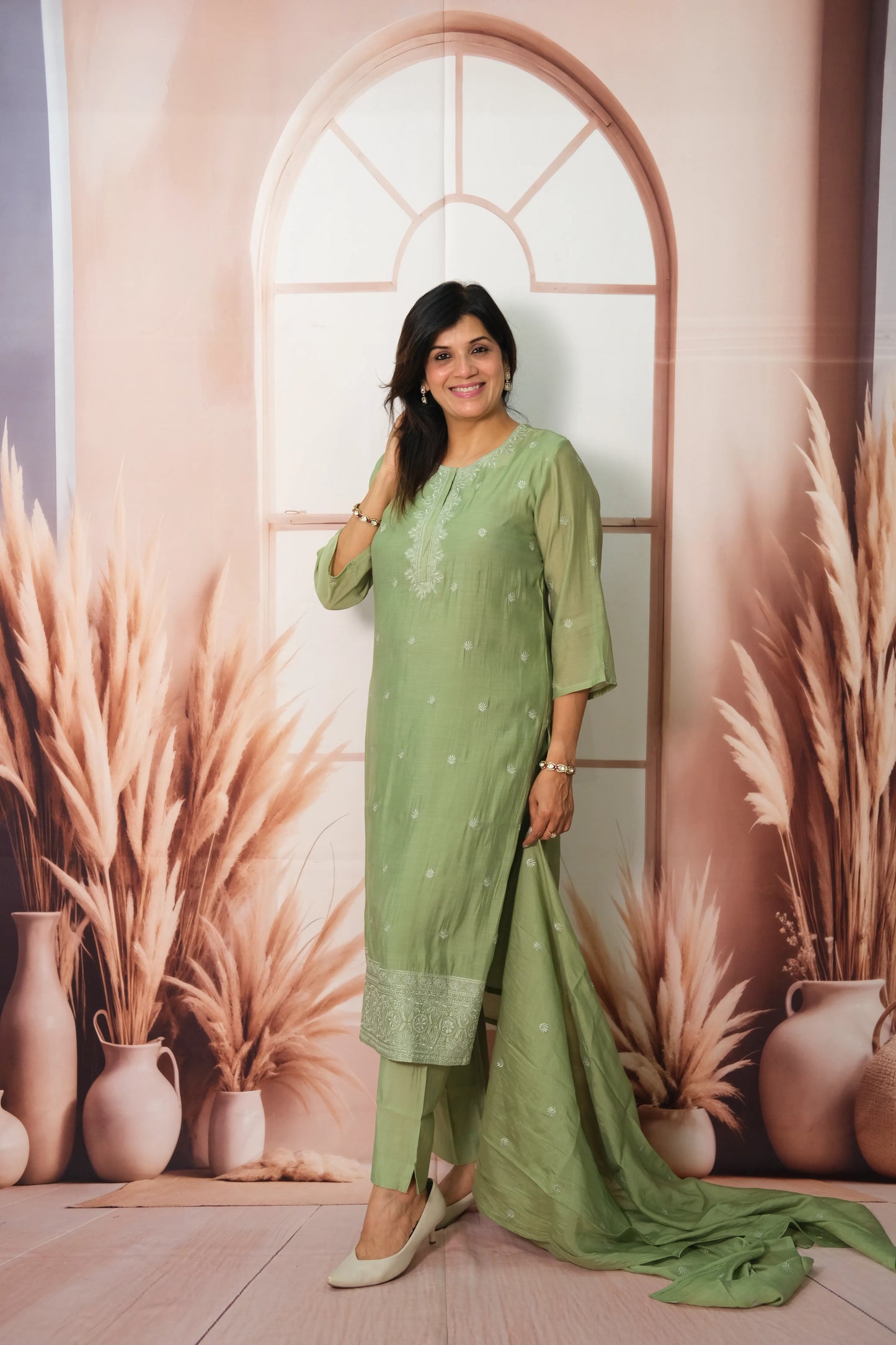 Pastel Green Mul Chanderi Kurta Dupatta Set with Thread Embroidery
