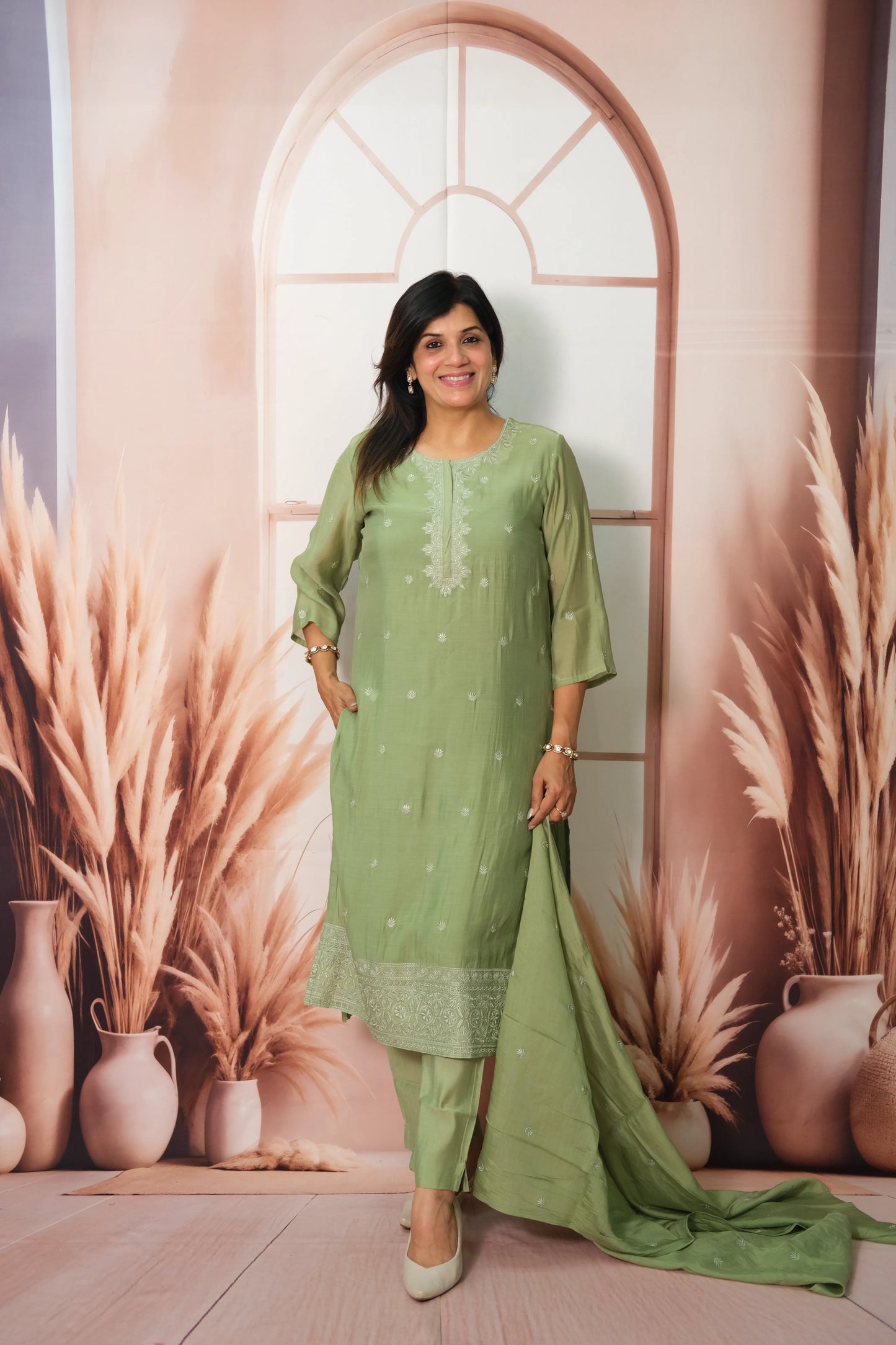 Pastel Green Mul Chanderi Kurta Dupatta Set with Thread Embroidery