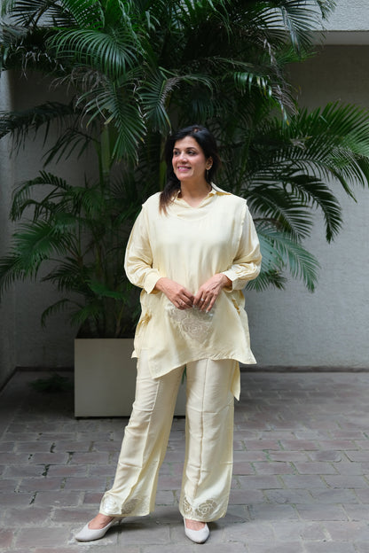 Cream Mul Chanderi Co-ord Set with Appliqué & Embroidery Work
