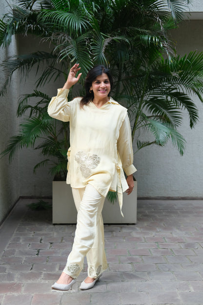 Cream Mul Chanderi Co-ord Set with Appliqué & Embroidery Work