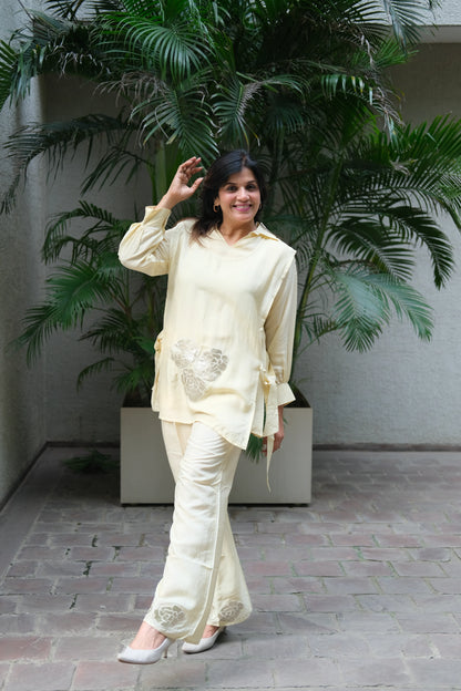 Cream Mul Chanderi Co-ord Set with Appliqué & Embroidery Work