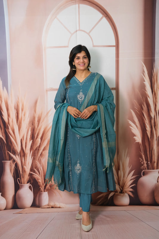 Rama Green Mul Chanderi Anarkali Dupatta Set with Pearl Embroidery
