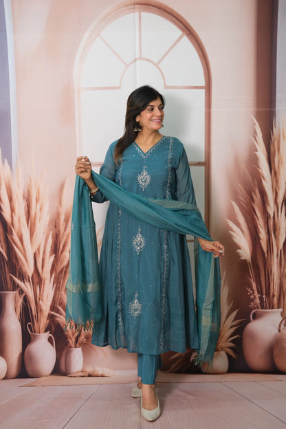 Rama Green Mul Chanderi Anarkali Dupatta Set with Pearl Embroidery
