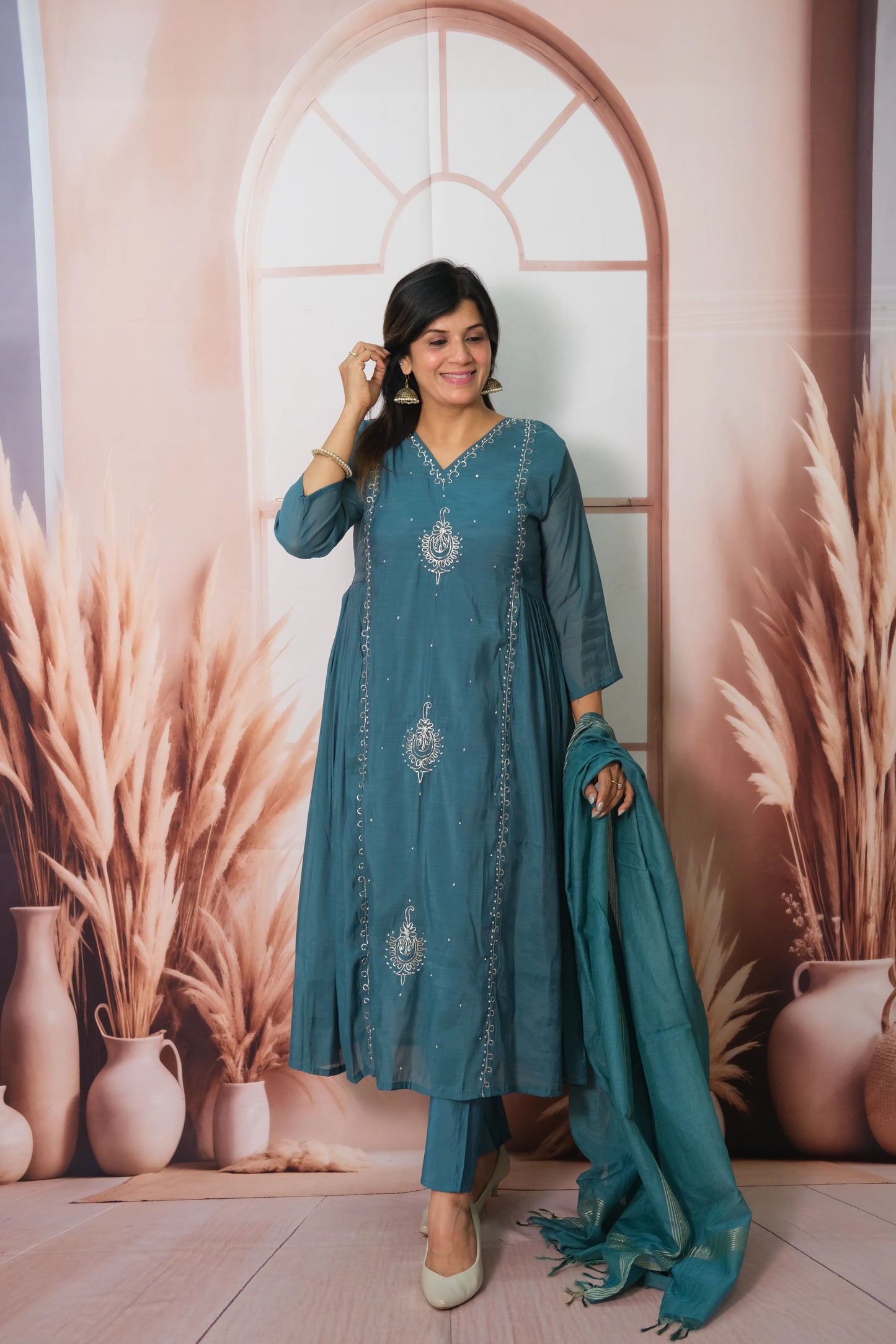 Rama Green Mul Chanderi Anarkali Dupatta Set with Pearl Embroidery