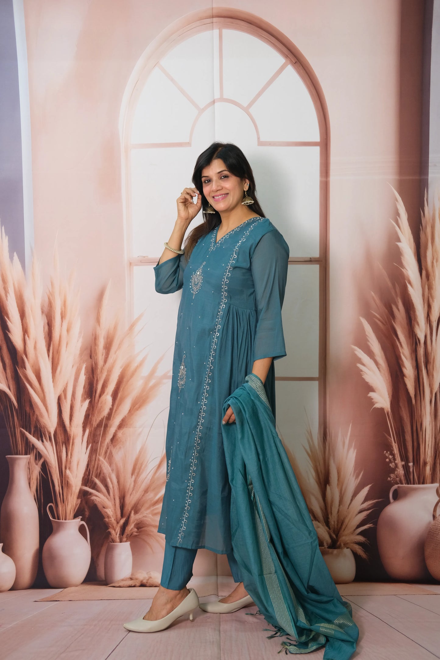 Rama Green Mul Chanderi Anarkali Dupatta Set with Pearl Embroidery