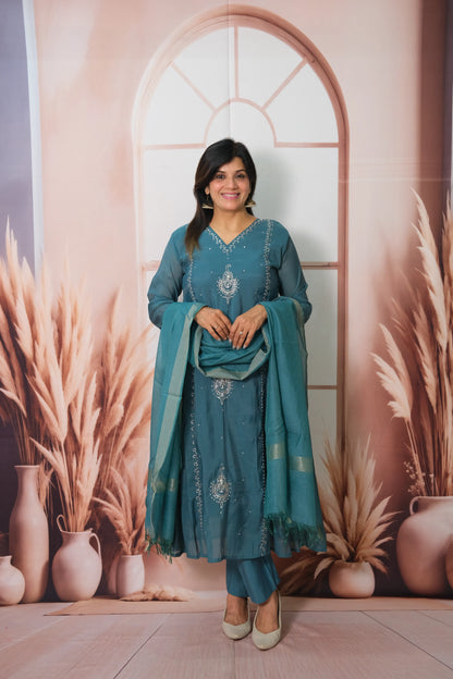 Rama Green Mul Chanderi Anarkali Dupatta Set with Pearl Embroidery