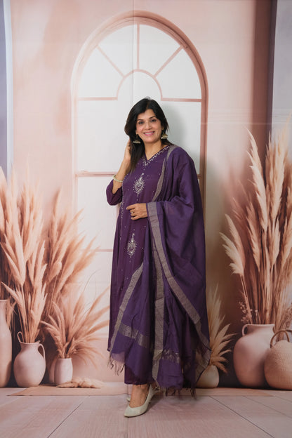 Dark Purple Mul Chanderi Anarkali Dupatta Set with Pearl Embroidery