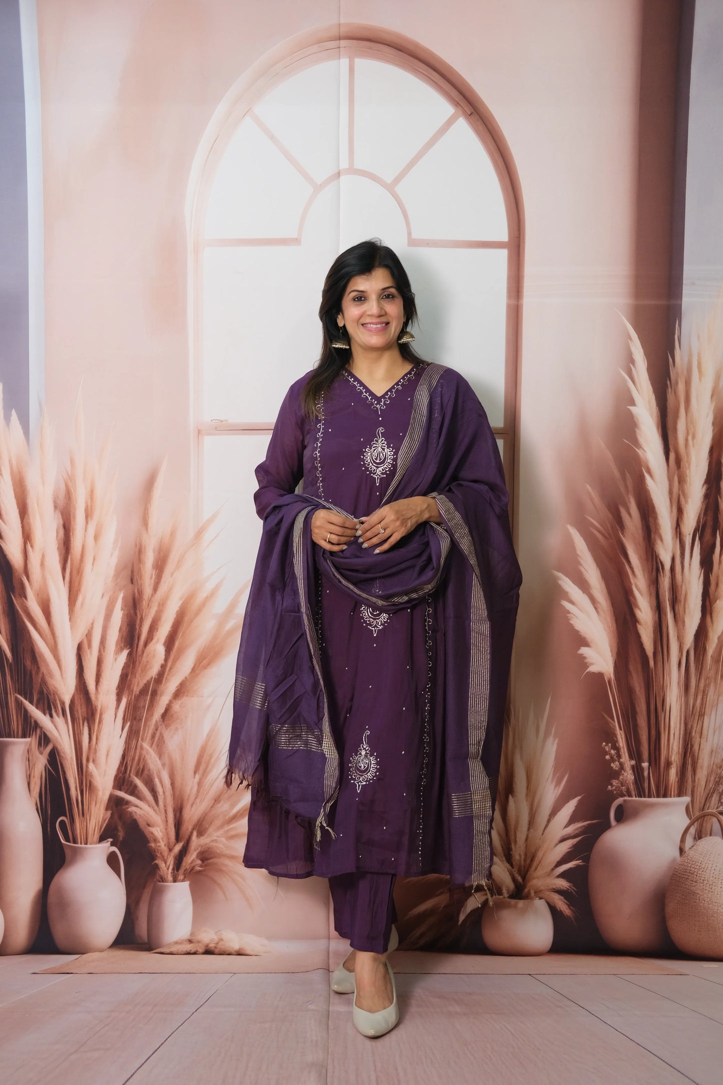 Dark Purple Mul Chanderi Anarkali Dupatta Set with Pearl Embroidery