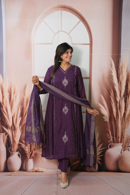 Dark Purple Mul Chanderi Anarkali Dupatta Set with Pearl Embroidery