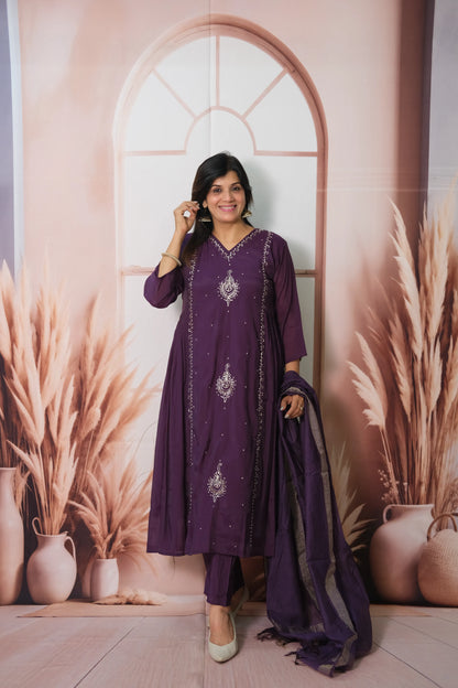 Dark Purple Mul Chanderi Anarkali Dupatta Set with Pearl Embroidery
