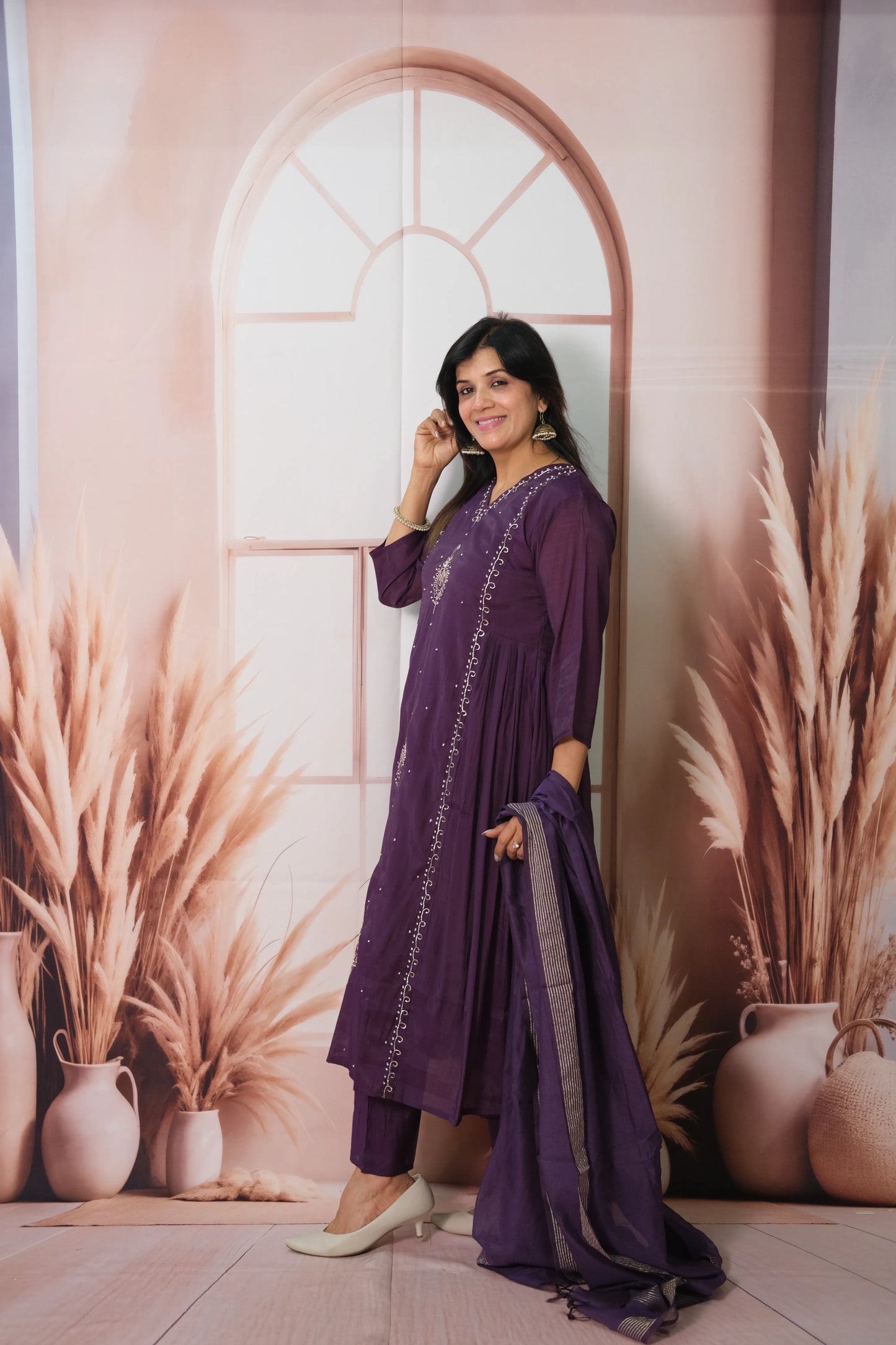Dark Purple Mul Chanderi Anarkali Dupatta Set with Pearl Embroidery