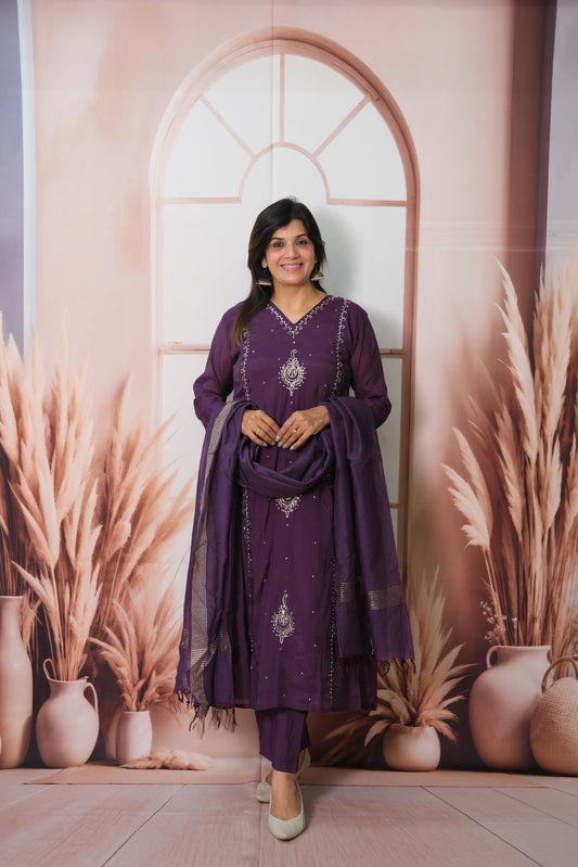 Dark Purple Mul Chanderi Anarkali Dupatta Set with Pearl Embroidery
