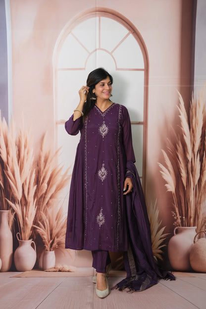 Dark Purple Mul Chanderi Anarkali Dupatta Set with Pearl Embroidery