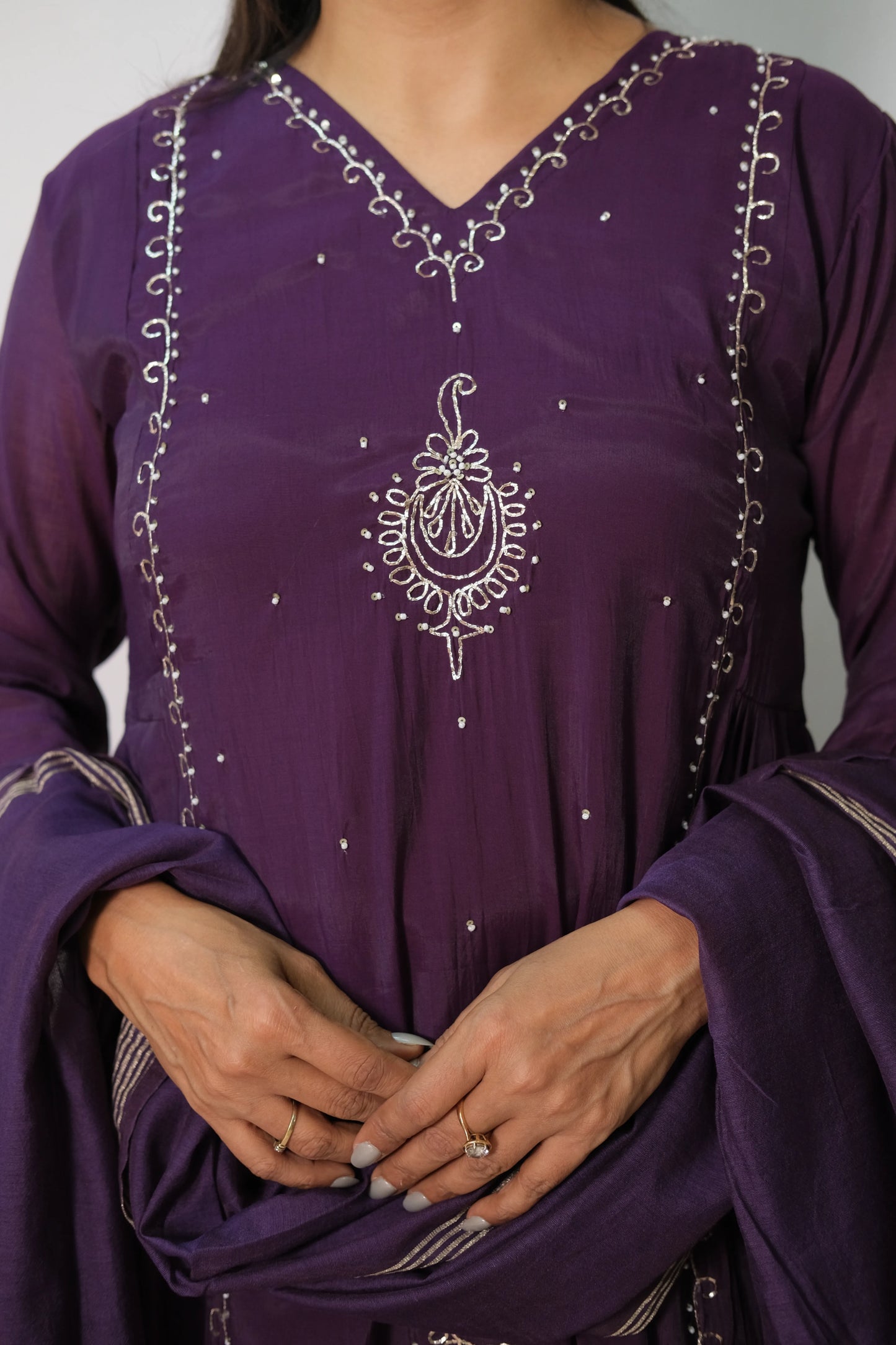 Dark Purple Mul Chanderi Anarkali Dupatta Set with Pearl Embroidery