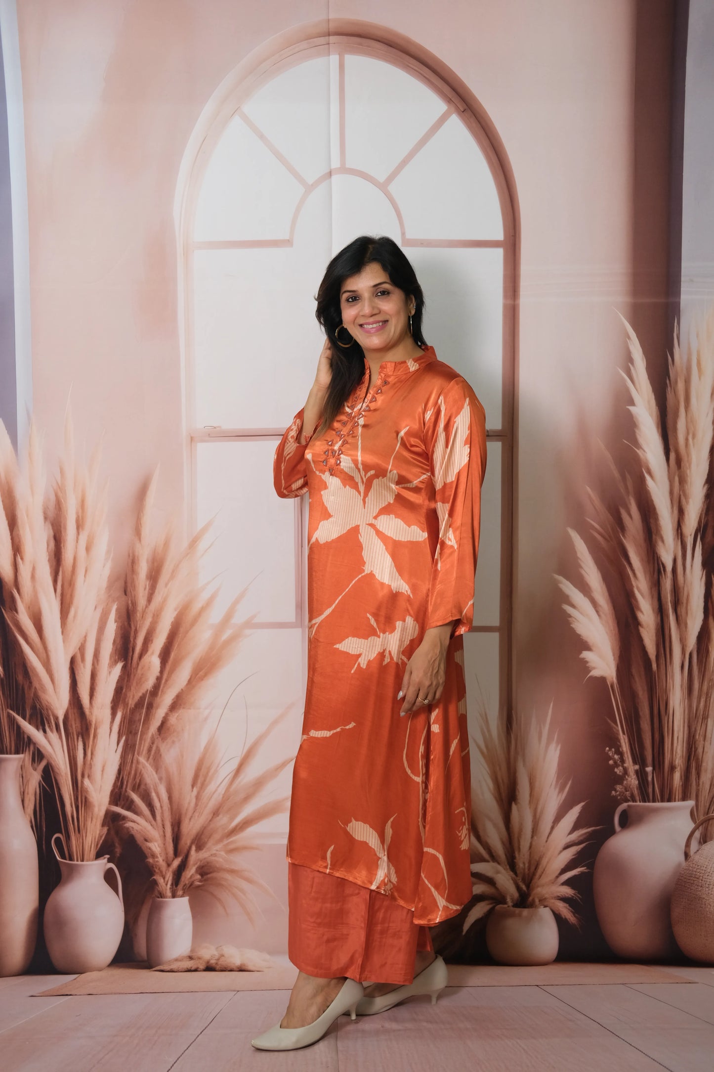 Rust Gaji Silk Kurta Pant Set with Print | Elegant Ethnic Wear for Women