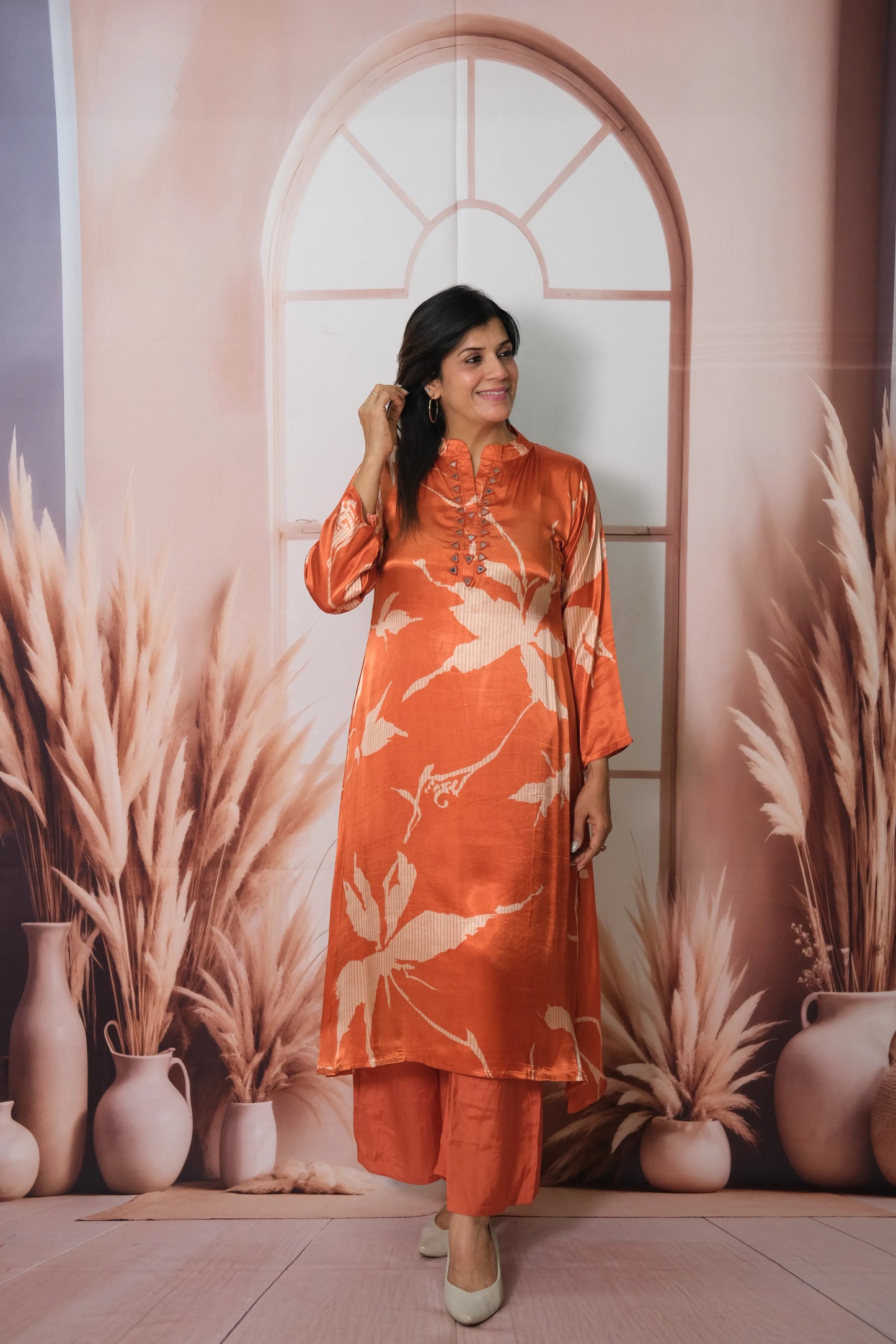 Rust Gaji Silk Kurta Pant Set with Print | Elegant Ethnic Wear for Women