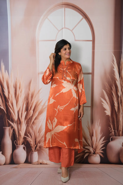 Rust Gaji Silk Kurta Pant Set with Print | Elegant Ethnic Wear for Women