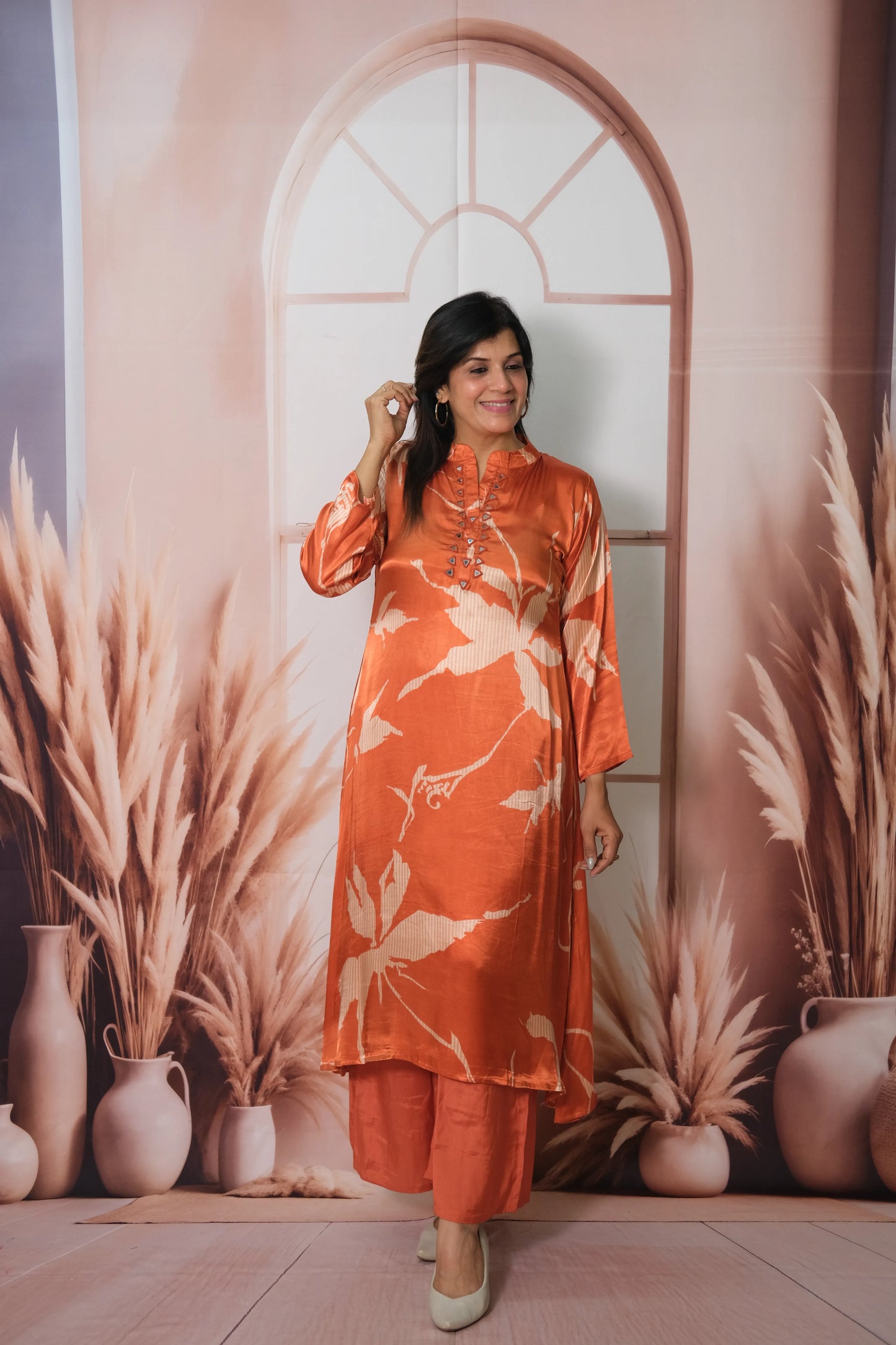 Rust Gaji Silk Kurta Pant Set with Print | Elegant Ethnic Wear for Women
