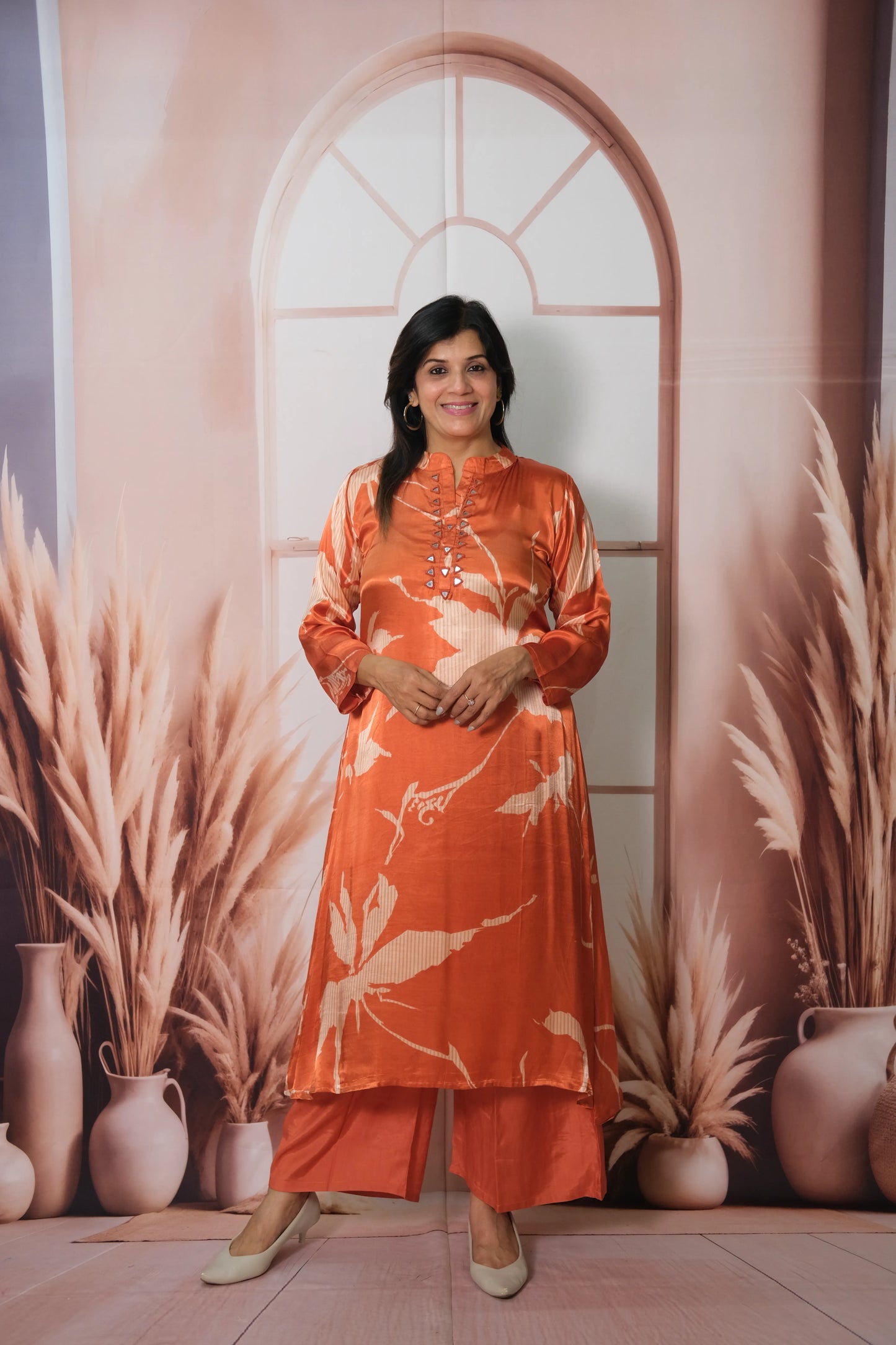 Rust Gaji Silk Kurta Pant Set with Print | Elegant Ethnic Wear for Women