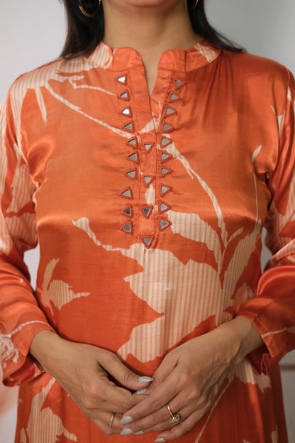 Rust Gaji Silk Kurta Pant Set with Print | Elegant Ethnic Wear for Women