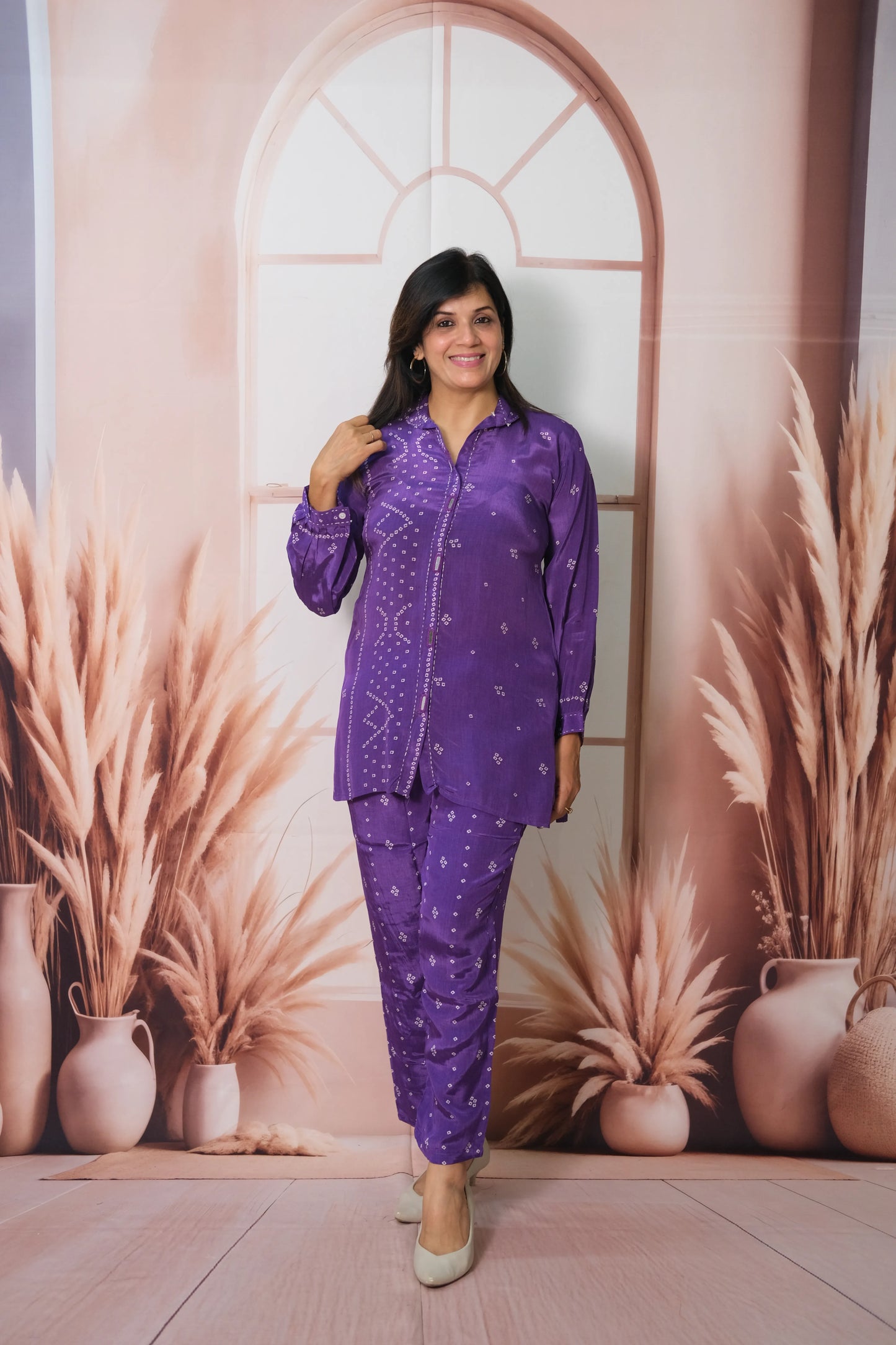 Royal Purple Pure Crepe Co-ord Set with Bandhej Print