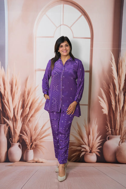 Royal Purple Pure Crepe Co-ord Set with Bandhej Print