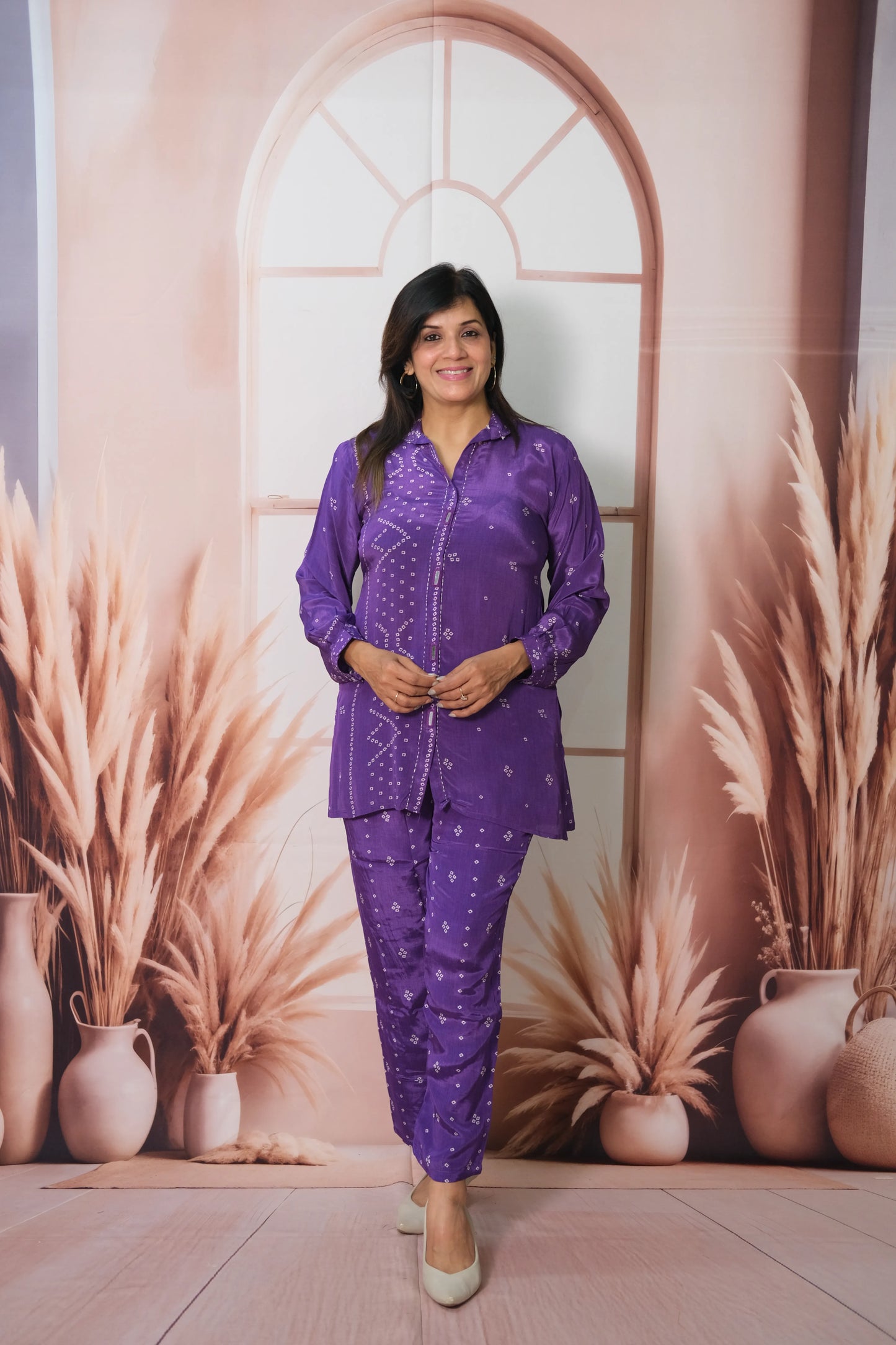 Royal Purple Pure Crepe Co-ord Set with Bandhej Print