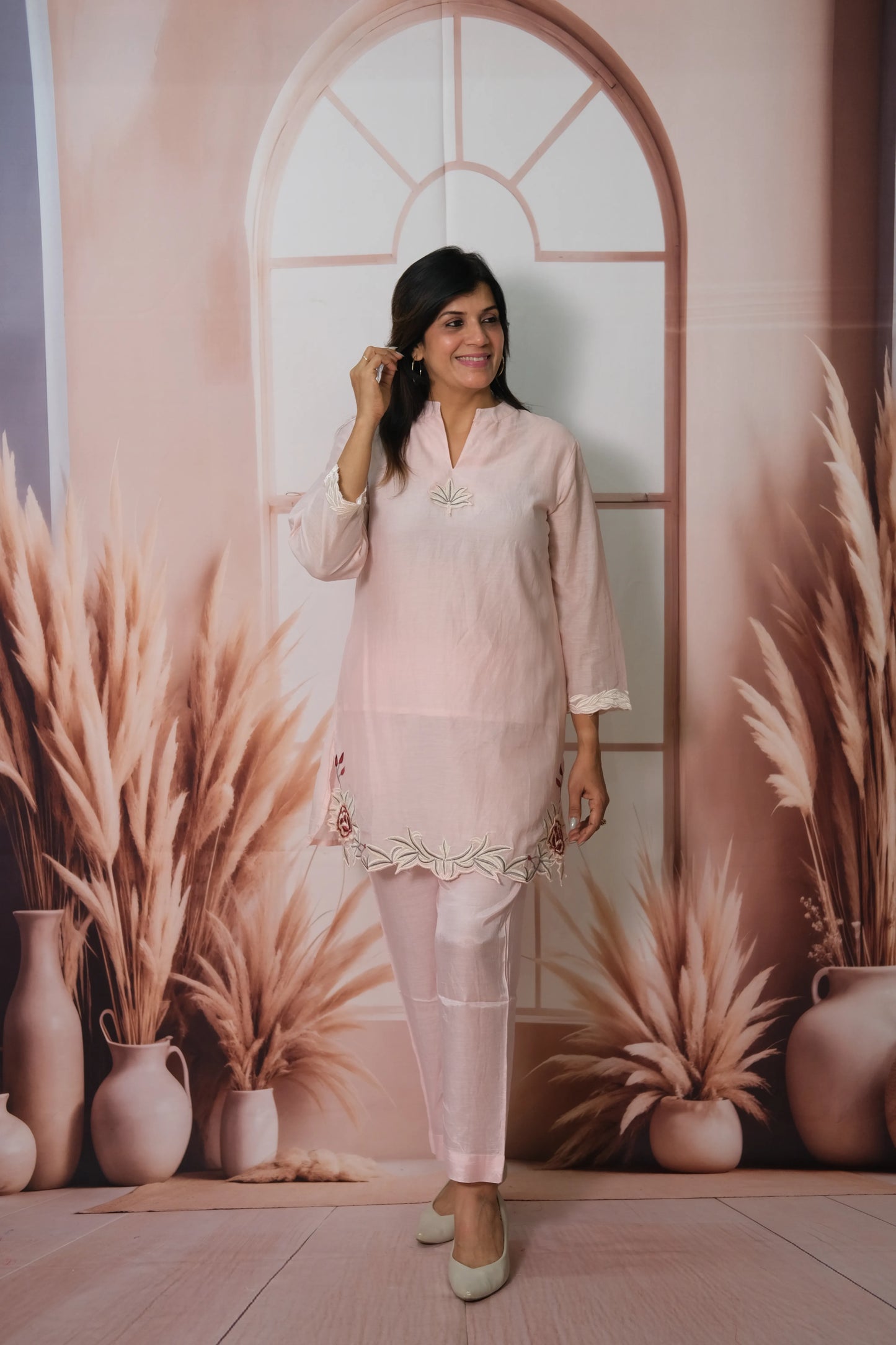 Baby Pink Mul Chanderi Co-ord Set with Cut Work & Embroidery