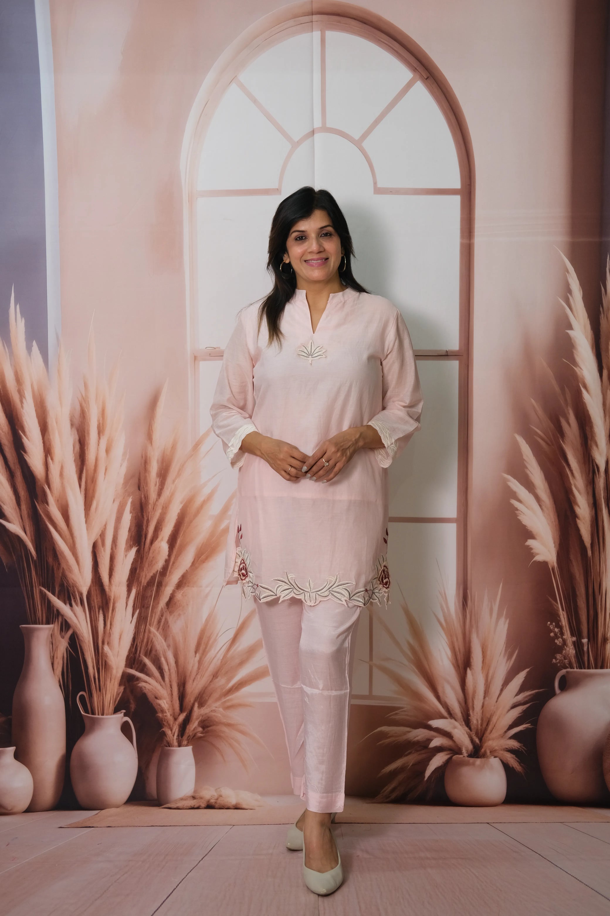 Baby Pink Mul Chanderi Co-ord Set with Cut Work & Embroidery