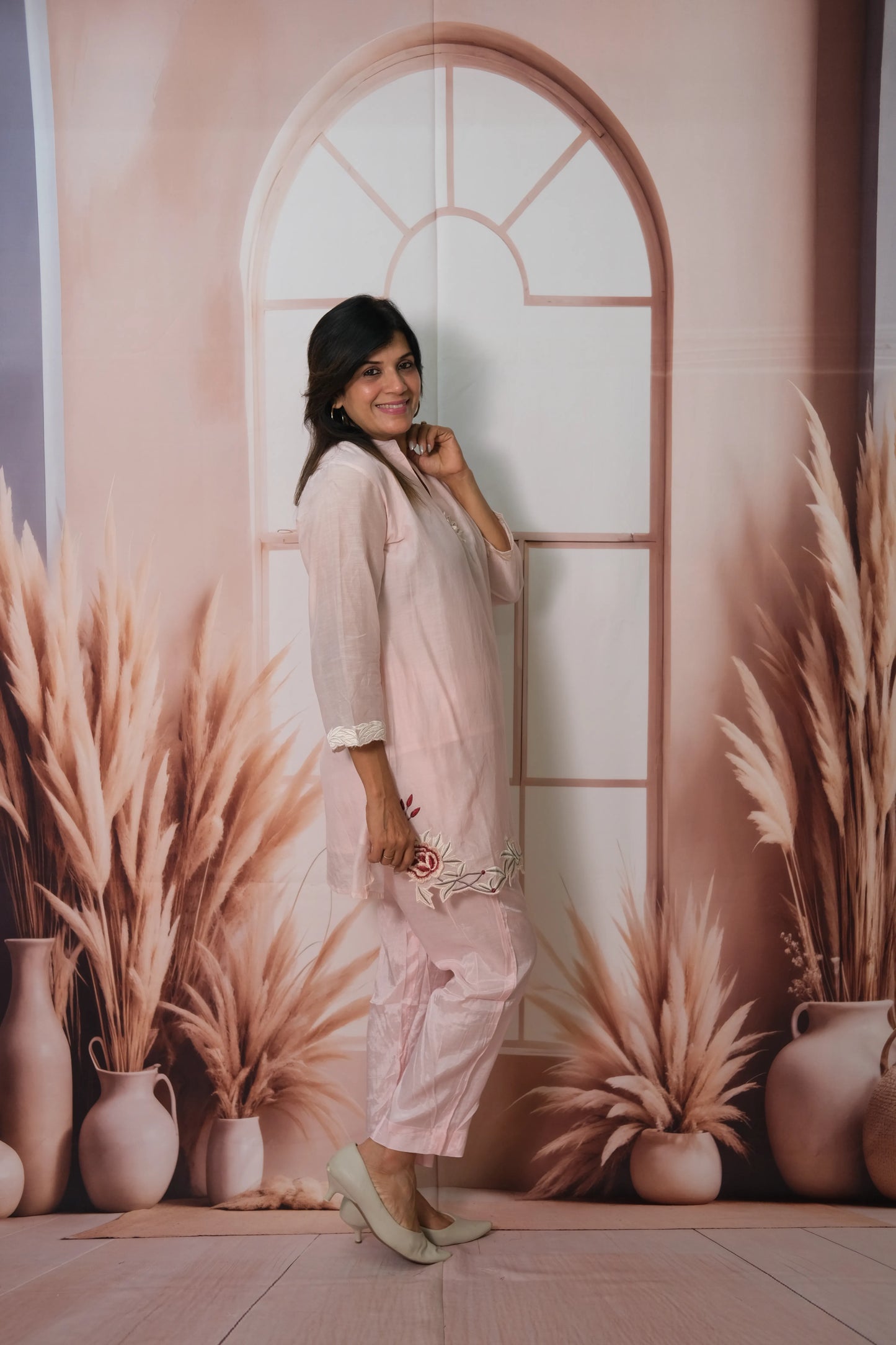 Baby Pink Mul Chanderi Co-ord Set with Cut Work & Embroidery