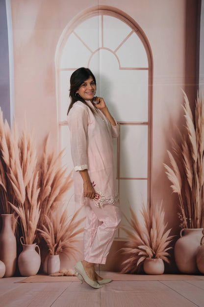 Baby Pink Mul Chanderi Co-ord Set with Cut Work & Embroidery