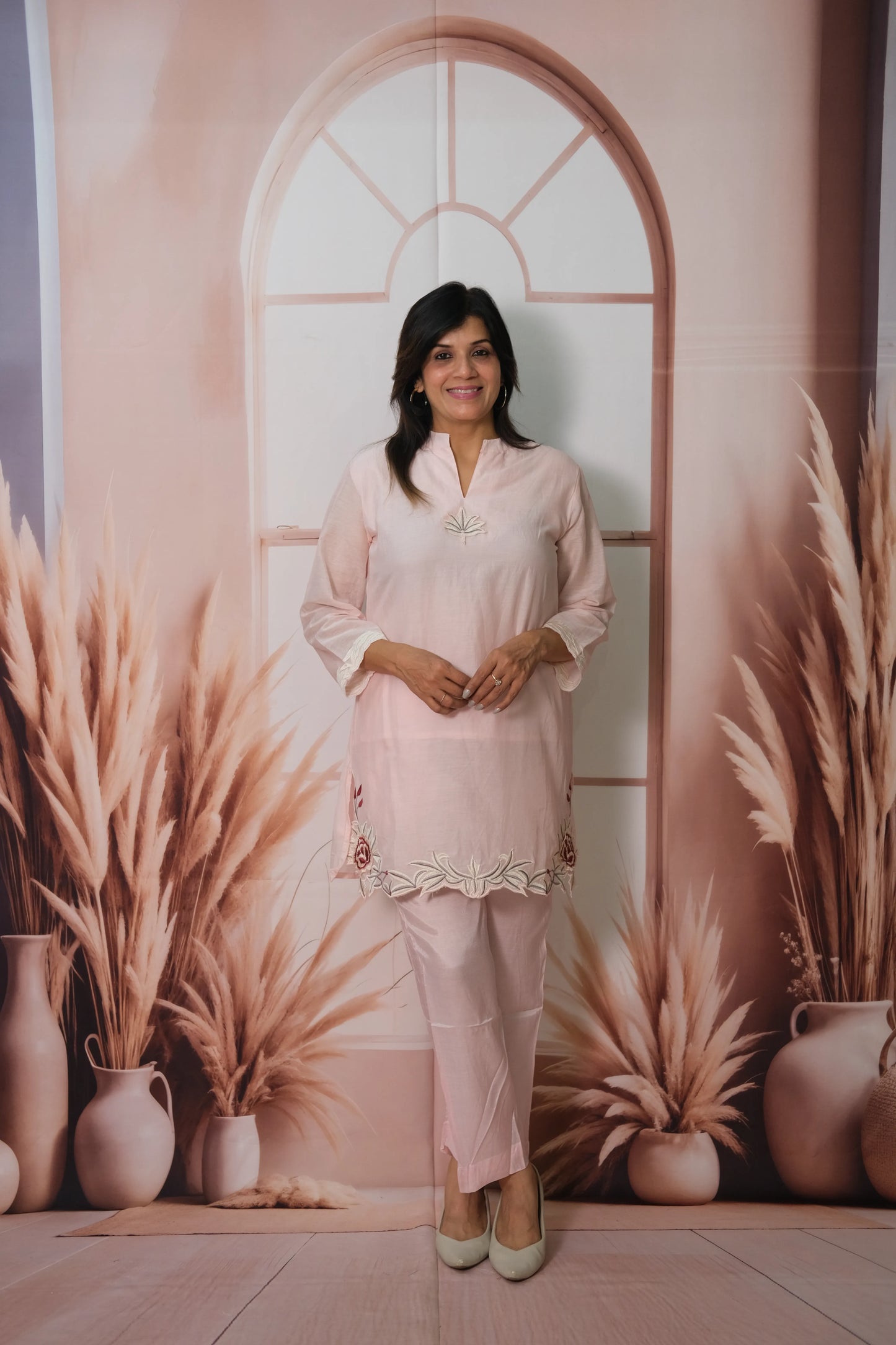 Baby Pink Mul Chanderi Co-ord Set with Cut Work & Embroidery