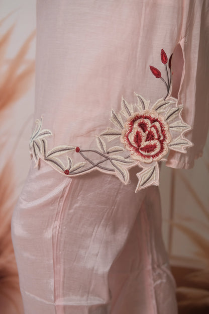 Baby Pink Mul Chanderi Co-ord Set with Cut Work & Embroidery